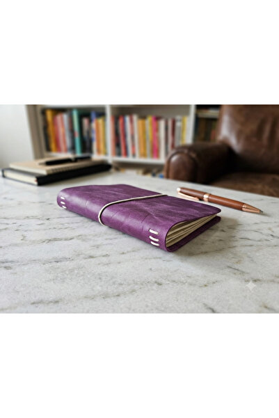 Srctech El Yapımı Hakiki Deri A5 Mor Defter Kabı Kılıfı 3 Defter Dahil