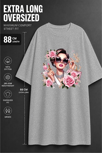 classy moda Γυναικείο εξαιρετικά μακρύ μπλουζάκι με στάμπα τριαντάφυλλο και γ...