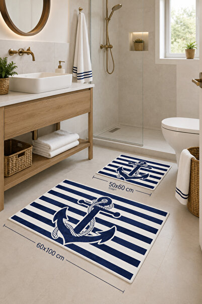 Serteks Marine Temalı Çapa Desenli Lacivert Yıkanabilir Kaymaz Banyo Paspas S...