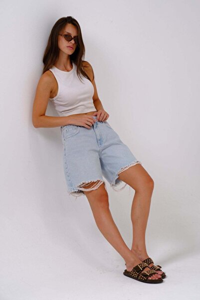 BUSA Giyim High Waist Straight Fit Jeans Denim Shorts Ice Blue