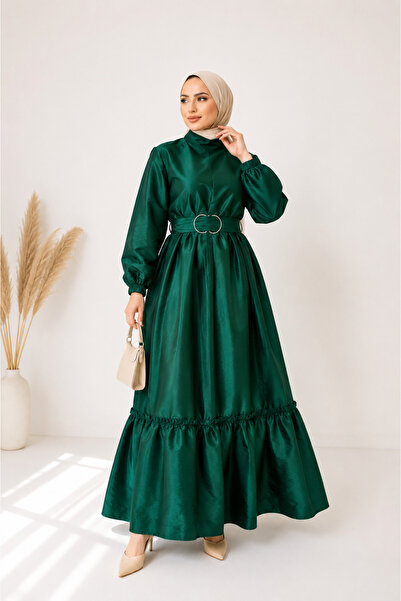 DİAMOND OUTLET Premium Belted Hijab Maxi Dress with Volan Detail