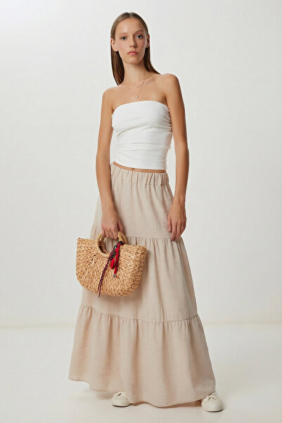 Lovelyİstanbul Flounced Summer Linen Skirt Lkt0025 Beige