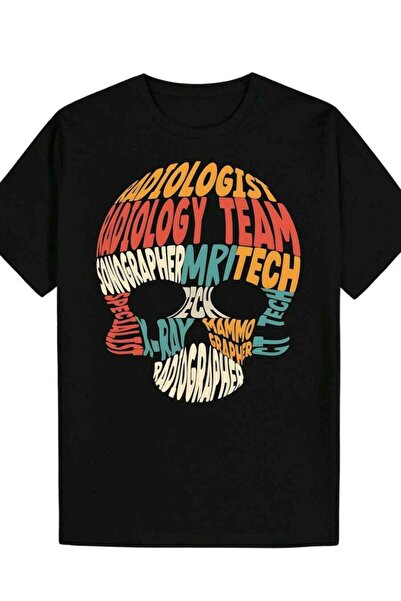 KYMC07 Men's Theme T-Shirt- Black Background With Colorful Skull X-Ray Techno...