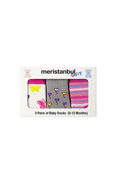 meristanbul Baby 3-Piece Baby Girl Socks Set Cotton Butterfly Patterned Boxed...
