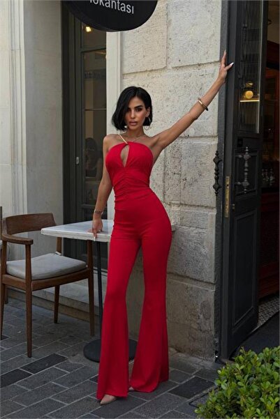 Neşeli Butik Γυναικεία κόκκινη ολόσωμη φόρμα με λαιμόκοψη halter, λουράκι αλυ...