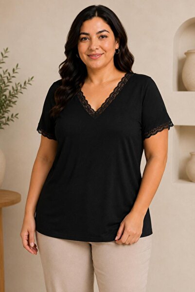 Paw Garage بلوزة نسائية كاجوال بمقاس كبير - بلوزة بتفاصيل دانتيل وياقة على شك...