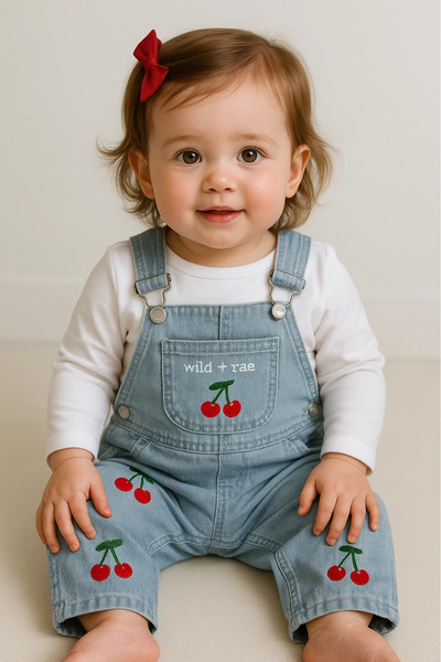 hümabebe طقم قطعتين من قماش الدنيم المحبوك بأكمام طويلة مع تطريز الكرز وتفاصي...