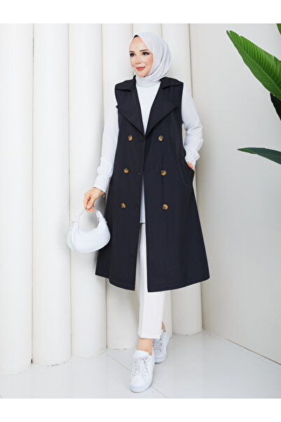 RACE FASHİON Women's Double-Breasted Buttoned Belted Long Vest Rc3150