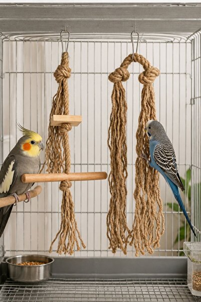 Mivra Pets مجموعة ألعاب الطيور المكونة من قطعتين من الجوت الطبيعي والخشب، لعب...