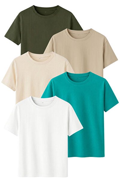 DK DAKSEL 5-Pack Regular Fit Cotton T-Shirt Set Khaki Stone Beige Green White