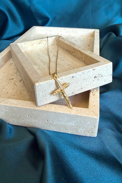 MOONİ ACCESSORİES Hz.İsa Haç Model Zirkon Taşlı Altın Gold Renk 316L Çelik Zi...