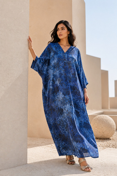 Generic Women's Blue Floral Marbled Satin Ankle-Length Kaftan