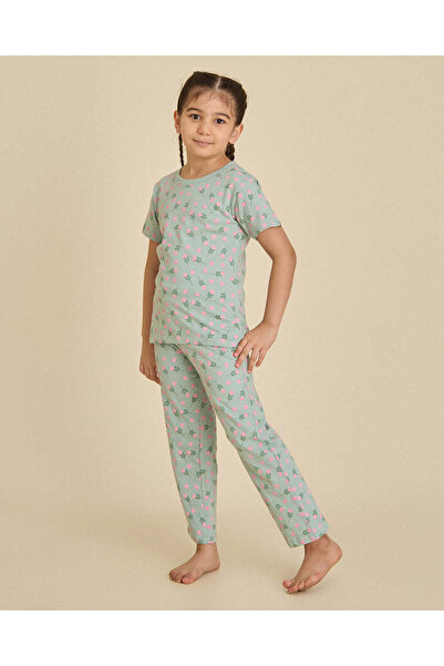 REDTAG Girls Green T-Shirt And Long Pants PJ Set