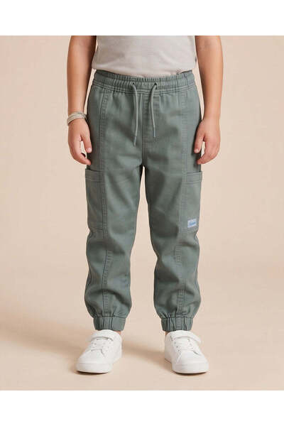 REDTAG Boys Green Knit Denim Cargo Joggers