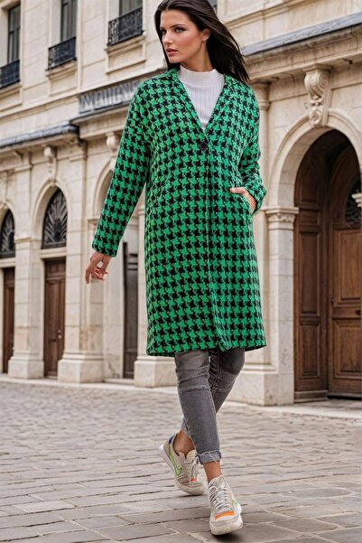 Moda4x4 Women's Clothing Green Pillar Patterned, Pocket Detailed, Long Coat
