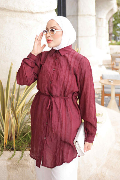 İmajButik Bordo Bel İp Bağlamalı Tunik Gömlek