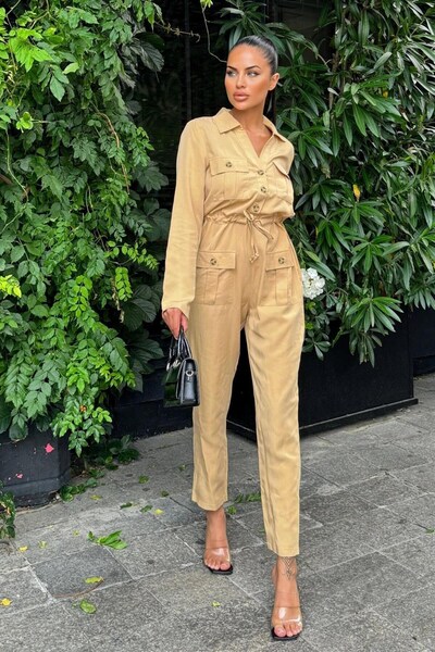 Moda4x4 Women's Clothing Caramel Long Sleeve, Shirt Collar, Pocket, Belt, Air...
