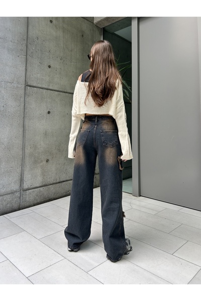 harmony factory Büyük Beden Yıldız Yamalı Vintage Yıkamalı Wide Leg Kot Pantolon