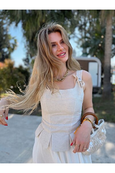Store Beige Linen Corset Blouse with Rope Detail