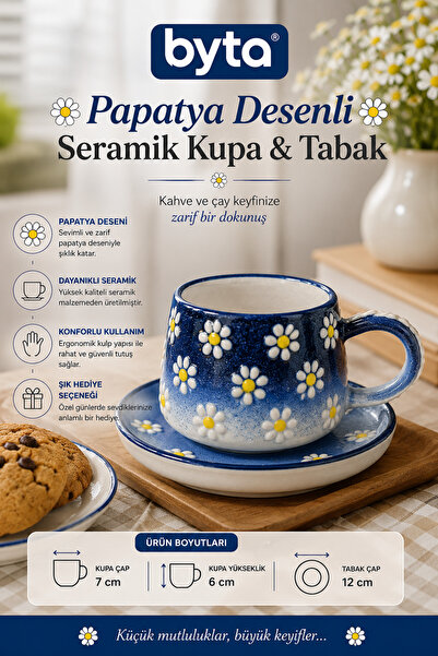 BYTA Mavi Papatya Desenli Seramik Tabaklı Kupa Bardak – Kabartmalı El Yapımı ...