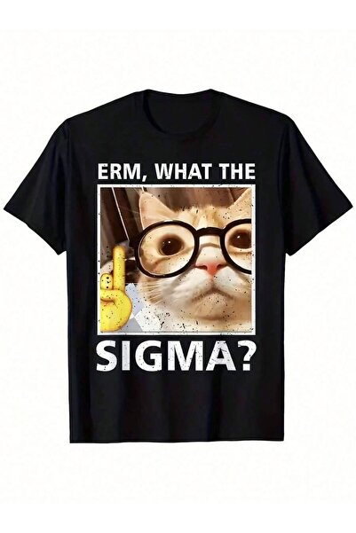 9TAY تي شيرت أسود مضحك بطباعة ميم "Erm What The Sigma Cat"، يعرض رسوماً مضحكة...