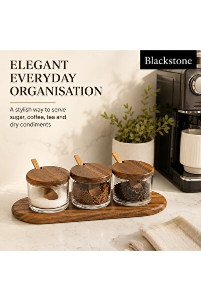 Blackstone Condiment Jar Set, 3 Glass Jars with Acacia Wood Lids, Spoons and Organiser Tray, 10-Piece Kitchen Set