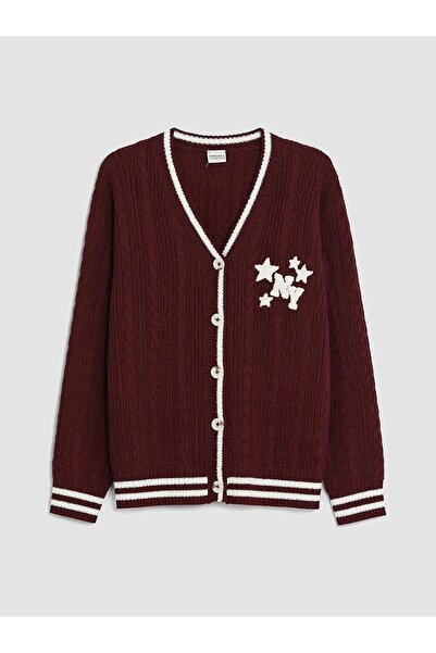 LC Waikiki V-Neck Embroidered Girls' Knitwear Cardigan (W6)