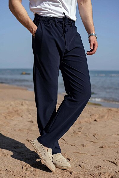 Madmext Mornarsko plave opuštene jacquard muške pantalone sa elastičnim struk...