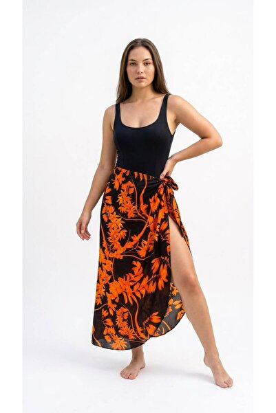 Eight Fashion Γυναικείο πορτοκαλί λουλουδάτο μοτίβο από βισκόζη Long Beach Pareo