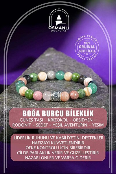 OSMANLI DOĞAL TAŞ Boğa Burcu Bileklik Güneş Taşı, Krizokol, Obsidyen, Rodonit...