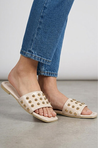 TOFİSA Women's Cream Top Beaded Detailed Slippers - 28712-Krem