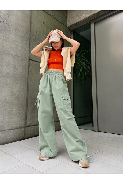 harmony factory Wide Leg High Waist Parachute Fabric Cargo Pants with Pockets