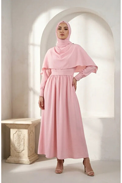 sefamerve Cape Detailed Belted Hijab Dress 2291-09 Powder
