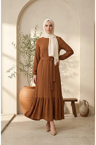 sefamerve Bubble Fabric Necklace Detailed Belted Hijab Dress 0575-08 Tan