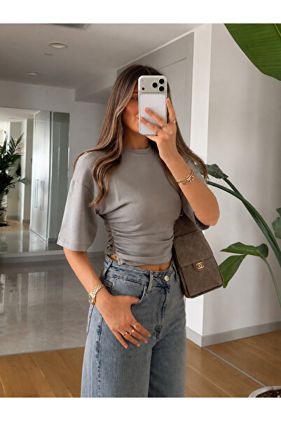 My Blog Gray Side Zipper Detailed Drawstring T-Shirt - 2Y261003