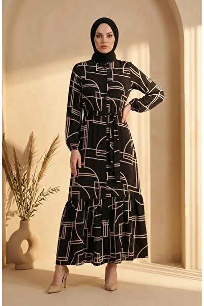 sefamerve Modal Fabric Geometric Patterned Hijab Dress 0346-01 Black