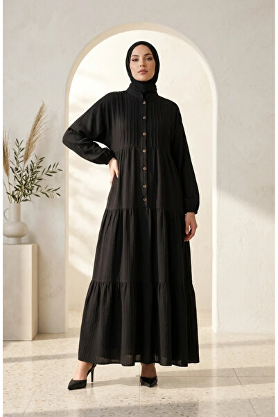 sefamerve Half Button Layered Hijab Dress 2293-01 Black