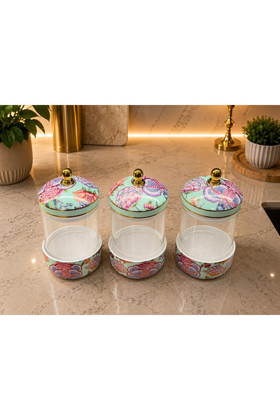 İnterlife Set of 3 Glass Jars with Floral Pattern and Vacuum Lids for Storing...