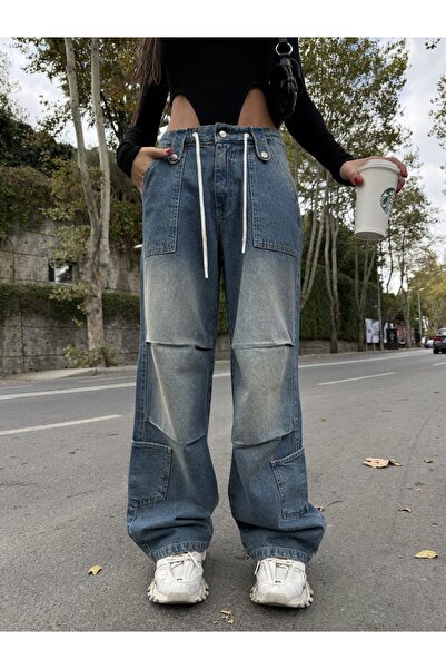 harmony factory Cargo Baggy Wide Leg Lace-Up Denim Jeans with Knee Pockets