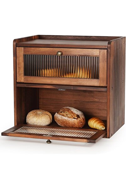 OASISGALORE Two-Layer Vintage Wood Bread Box with Large Capacity and Acrylic ...