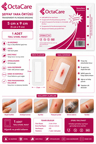 Octacare Su Geçirmez Şeffaf Pu Film Yara Örtüsü - Banyo Bandı (5cm-9cm) 1 Adet