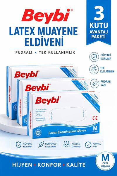 Beybi Lateks Muayene Eldiveni Pudralı Medium 100'lü 3 Adet
