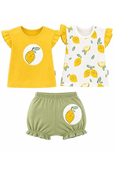 Kids Limonlu Kız Bebek Üçlü Penye T-shirt Takım