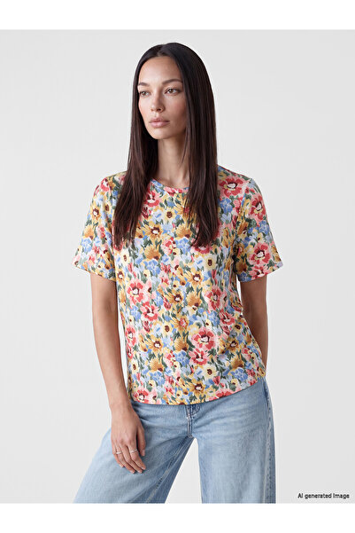 LC Waikiki Tricou de damă cu guler oval și imprimeu floral, de calitate Gencc