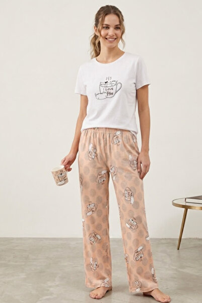 İPEKTENİM I Love Coffee and Cute Cats Printed Mix Pattern Short Sleeve Pajama...