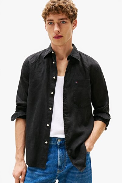Tommy Hilfiger PIECE DYE LINEN RF SHIRT Erkek Siyah Gömlek - MW0MW39425
