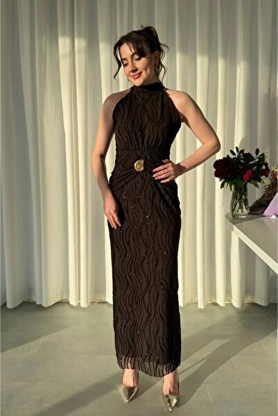mafdress Kadın Halter Yaka Kahverengi Sim Desenli Tül Kemer Detay Abiye Elbise