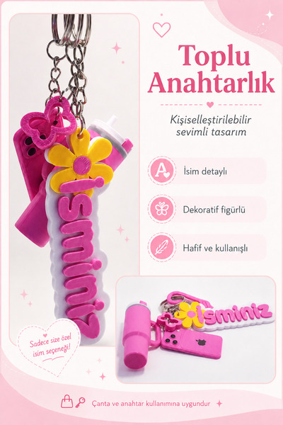 Tovo Craft Kişiye Özel İsimli Toplu Anahtarlık Seti Dekoratif Figürlü Çanta v...