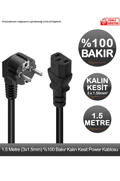 %100 Bakır 3 x 1.50mm2 Kalın Kesit 1.5 Metre Bilgisayar Kasa Güç Kablosu PC Power Kablosu Yerli Üretim