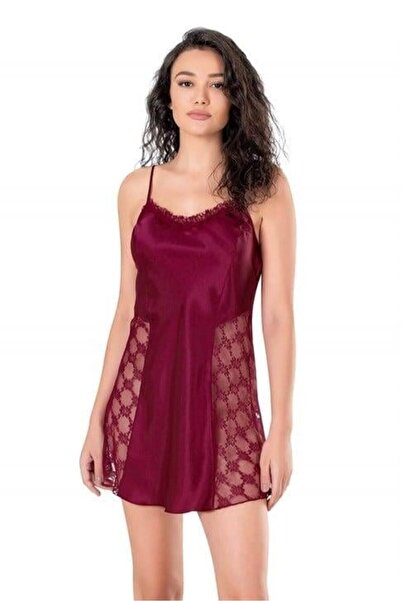 Mariposa Secret Lace Embroidered Thin Strap Burgundy Short Satin Nightgown